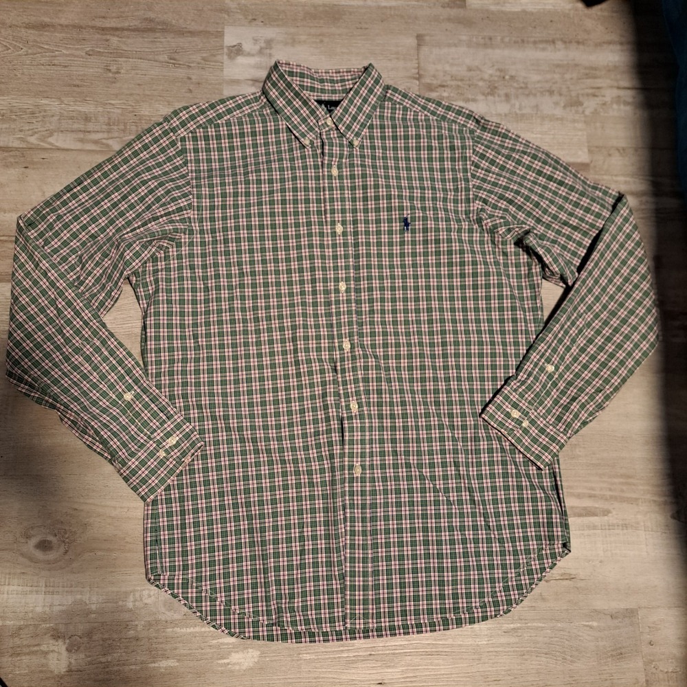Ralph Lauren Mens Green Plaid Classic Fit Long Sleeve Button Down Shirt Sz 16 L